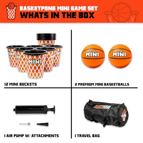 Mini Yard Pong and Basketball Game Set with 12 Buckets, 2 Balls, Carrying Bag & Pump