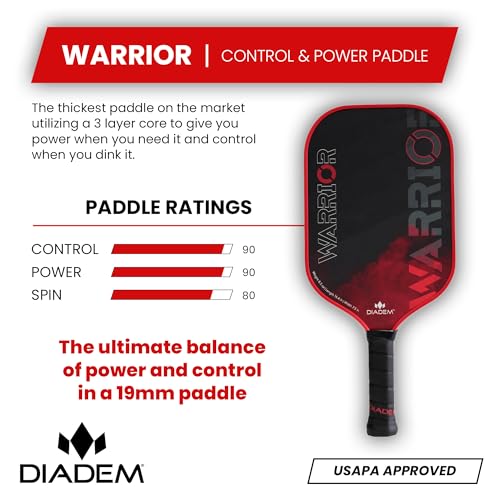 Diadem Warrior Pickleball Paddle - Red, Carbon Fiber Face, 3X L-Core, Spin & Control