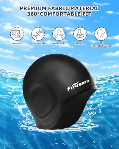 Firesara Black Swim Cap with Ear Protection and Nose Clip - Ergonomic Silicone Design for Women Kids Men