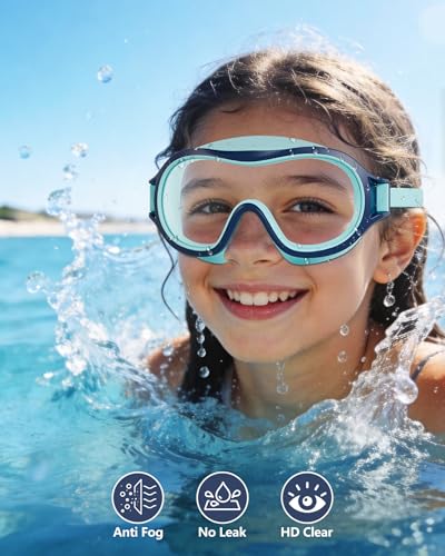 Kids Swim Goggles Anti-Fog UV Wide Vision Waterproof No Leak - Blue Green & Cyan Blue