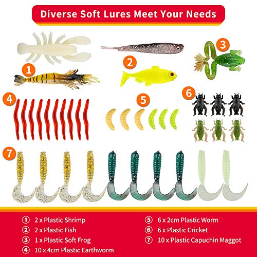 Fishing Lures Kit with 78 Pieces - Bass Trout Salmon Soft Plastics & Spoons