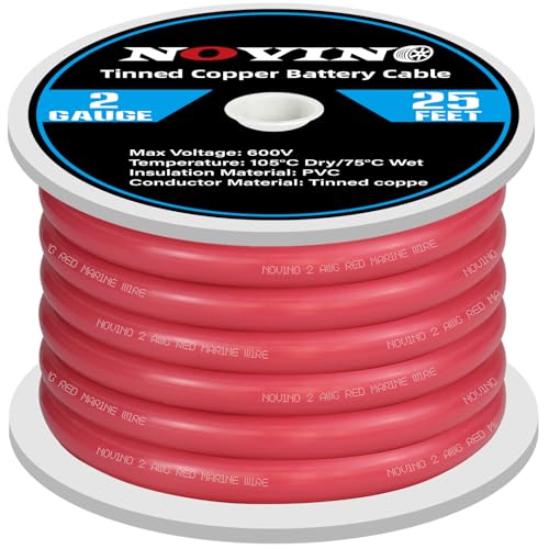 NOVINO 2 AWG Marine Battery Cable 25ft Red Tinned Copper Welding Wire
