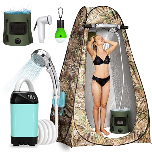 Portable Camping Shower with LED Lights & Foldable Bucket - Blue Pump