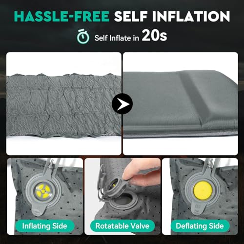 Hikenture Grey Self-Inflating Camping Sleeping Pad with Pillow, 3 Inch Thick, 9.5 R-Value, Insulated for Car, Tent, and Outdoor Use