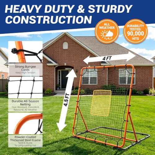 Baseball Rebounder Net - Adjustable Angles 4x4.5 ft Pitchback - Orange