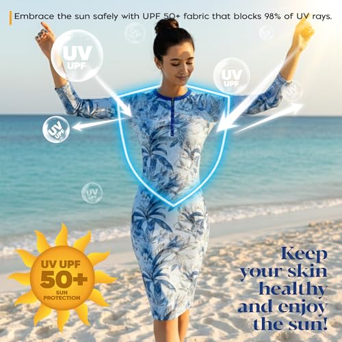 Shira Modest Swimsuit for Women - Blue Leaves Print Swim Dress with UPF 50+ - Large