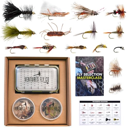 Fly Fishing Flies Assortment Kit with Fly Box - 15 Patterns for Trout & Bass