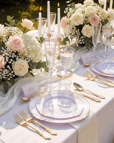 Nervure Gold Disposable Plastic Dinnerware Set for 50 Guests - 350 Pieces