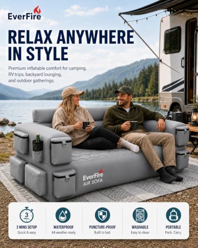 Everfire Nebula Gray Portable Inflatable Couch with Built-in Pump, 3-Seater Camping Sofa