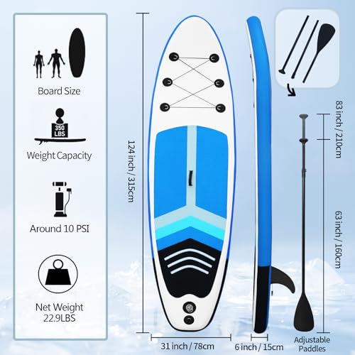Inflatable Stand Up Paddle Board for Yoga & Water Sports - 124 inch, 350 lbs Capacity