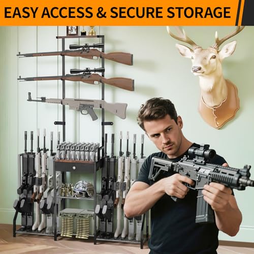 Large Indoor Rifle & Gun Floor Stand Rack with Pistol Holder - Heavy Duty Steel Wall Mount & Display
