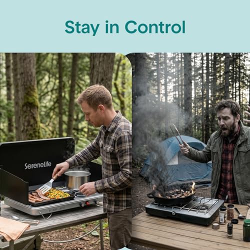 Portable Camping Stove with Griddle Combo, 2 Burners, 10000 BTU & 5000 BTU