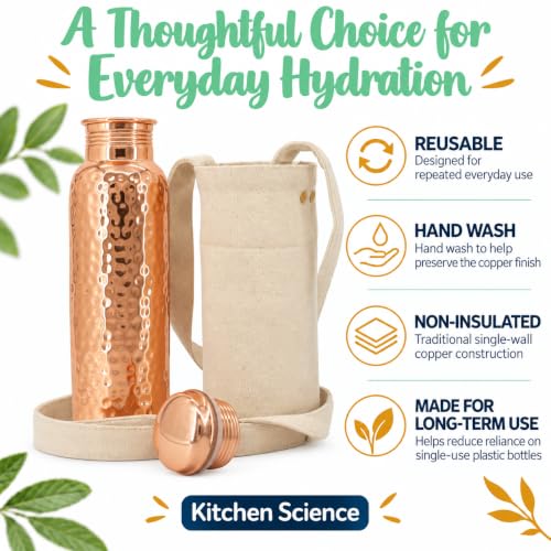 Set of 2 Hammered Copper Water Bottles 34oz with Canvas Carry Bag Leak-Proof