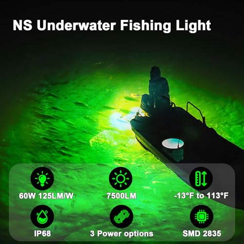 NS 60W Green Underwater LED Fishing Light for Boat & Dock Night Fishing