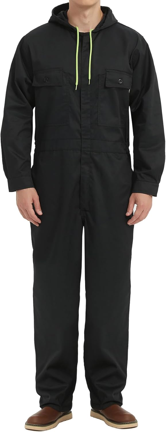 Skiennix Men's Cotton Blend Long Sleeve Coverall - Multi-Pocket Mechanic Work Jumpsuit with Hood
