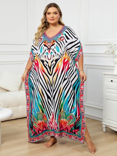 Plus Size Kaftan Dress for Women V-Neck Print Beach Cover Up - One Size, Colorful Stripes