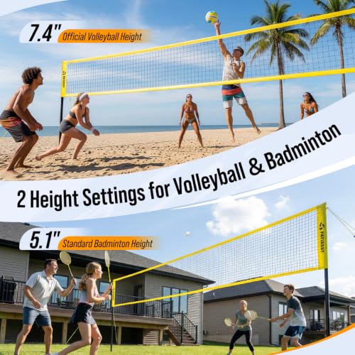 Yellow 4-Player Volleyball Game Set with 16FT & 32FT Court, Adjustable Height Backyard Badminton Combo