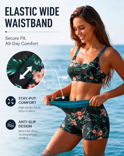 Women's 3 Piece Tankini Swimsuit with Tummy Control Boy Shorts - Large Green Floral