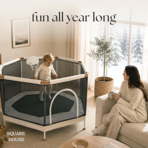 Square House 60-inch Kids Indoor & Outdoor Trampoline with Safety Net & Basketball Hoop