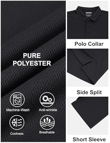 Men's Short Sleeve Performance Polo Shirt - Medium Black, 3 Button Casual Golf Collared Top