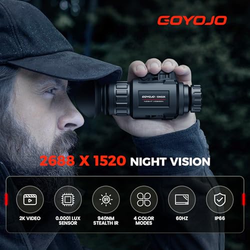 2K Night Vision Monocular - Digital Infrared Goggles with 4 Color Modes, Helmet Mountable, 60Hz Refresh, 940nm IR, 0.0001 Lux Sensor