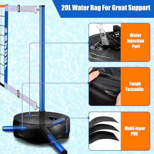 Blue Portable Pool Volleyball Net System with Water Volleyballs, Adjustable 15-25FT, Heavy Duty Base