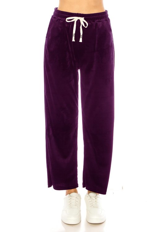 LA12ST Women's Elastic Waist Velour Loose Wide Leg Pants Long Palazzo Casual Flare Jogger with Pockets Purple