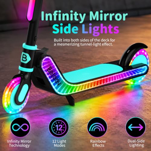 Kids LED Light-Up Scooter with Infinity Mirror Deck, 12 Light Modes, Adjustable Heights