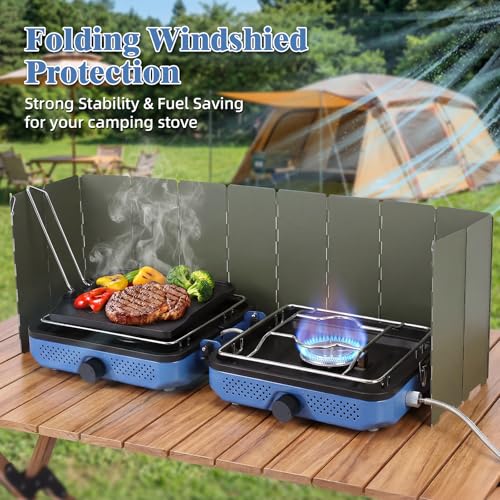 Hisencn Sky Blue Double Burner Camping Stove with Windscreen & Accessories