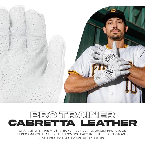 Franklin Sports MLB Batting Gloves Adult Medium White/Gold - Powerstrap Long Cuff, Durable Leather, Breathable for Baseball & Softball