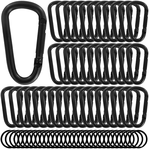 50Pcs Heavy Duty Aluminum Carabiner Clips & Key Rings - Black & Silver - Corrosion Resistant Outdoor Gear
