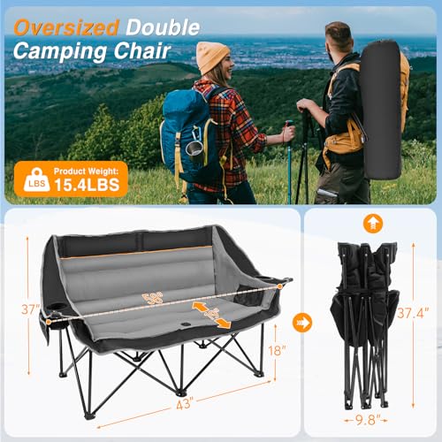 Heavy Duty Double Camping Chair - 660lbs Capacity, Foldable 2 Person Outdoor Seat - Black Gray