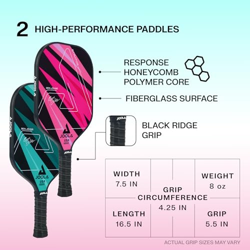 JOOLA Pickleball Paddles Set of 2 - Teal/Pink - Fiberglass Surface, Lightweight & Durable, Includes Balls & Bag, USAP Approved