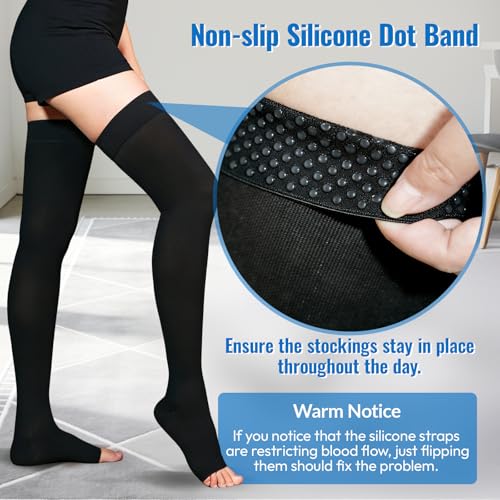 Black Large Thigh High Compression Stockings 20-30 mmHg Open Toe - Bewzilove