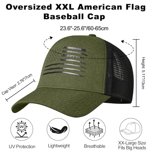 Green & Black Oversized American Flag Baseball Cap for Men & Women - Big Head Adjustable Snapback Hat - Patriotic Mesh Trucker Hat