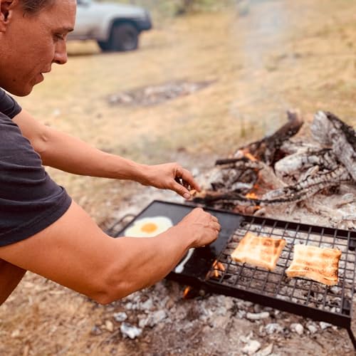 Heavy Duty Folding Campfire Grill with Griddle & Food-Safe Surface – Portable Over-Fire Cooking Grate