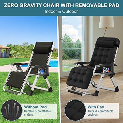 Black Zero Gravity Lounge Chair - Adjustable Folding Outdoor Recliner with Cup Holder