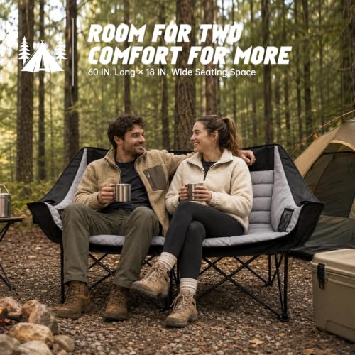 Black 2-Person Folding Camping Loveseat Outdoor Chair with Padded Seat & Storage