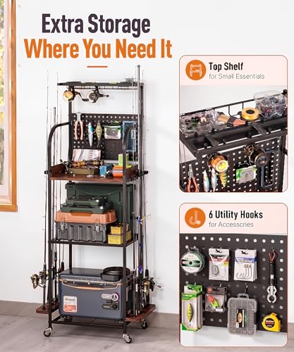 Fishing Rod Storage Rack with Shelves & Accessories Organizer