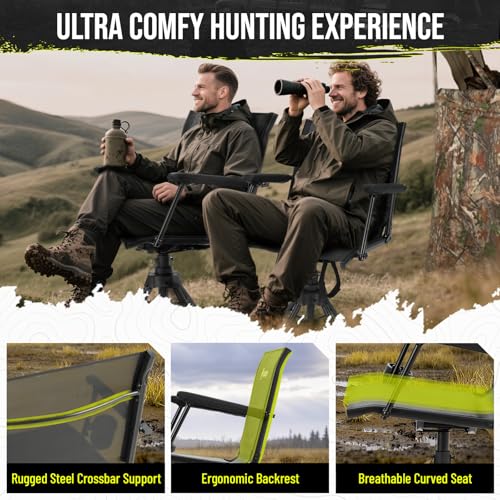 HUNTSEN Standard Edition 360° Silent Swivel Hunting Chair – Heavy Duty Ground Blind Seat with Adjustable Legs & Armrest, Supports 330lbs