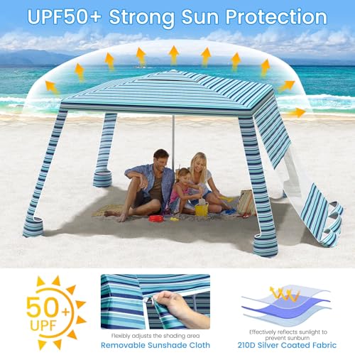 MoKo Blue-Green Stripe 8x8ft Beach Canopy with Side Wall, UPF 50+ Sun Shelter, Wind-Resistant Sun Tent for Family
