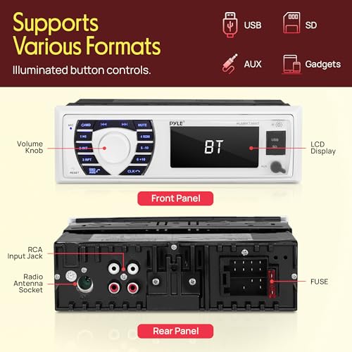 White Marine Receiver & Waterproof 5.25” Speakers Kit - Bluetooth Radio, MP3/USB/SD, In-Dash Stereo