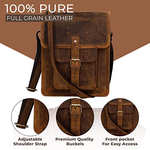 Distressed Tan Leather Crossbody Messenger Bag for Men & Women - 11 Inch Tablet Bag with Front Pocket