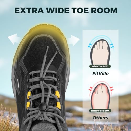 FitVille Men's Waterproof Hiking Shoes 10.5 Wide Black/Grey All-Terrain Sneakers
