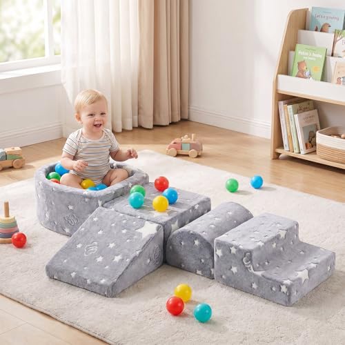Tiita Kids Climbing Blocks 5-Piece Set with Ball Pit - Grey Star