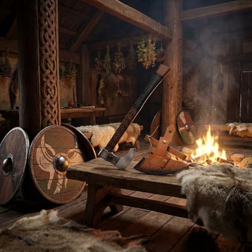 Ragnar Ax - Handmade Viking Battle Axe with Leather Sheath, 19'' Camping & Survival Hatchet