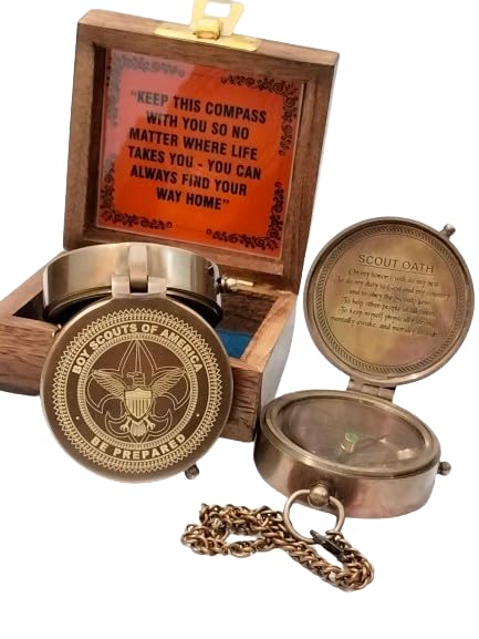 SAYRA NAUTICALSS Personalized Brass Compass | Vintage Brass BOY Scout Oath Compass Personalized Compass with Woooden Box