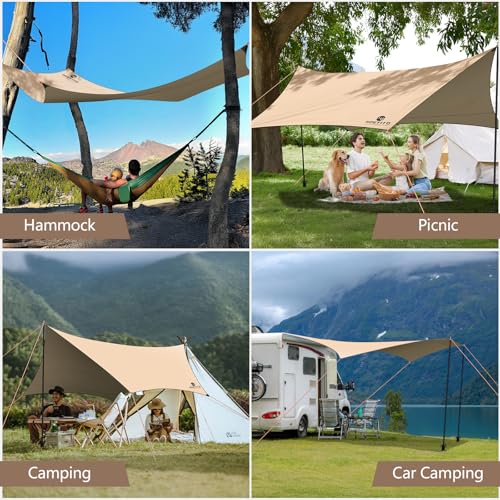 Khaki Waterproof Camping Tarp with Poles & Retainer 15x12.5FT Canopy Shelter