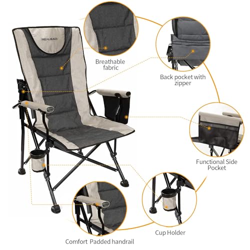 RELAED Grey Camping Chair with Adjustable Backrest & Lumbar Support