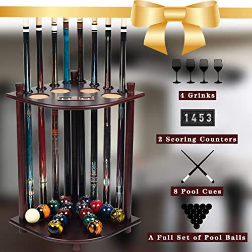 Mahogany Floor Pool Cue Holder Stand for 8 Cues and Accessories